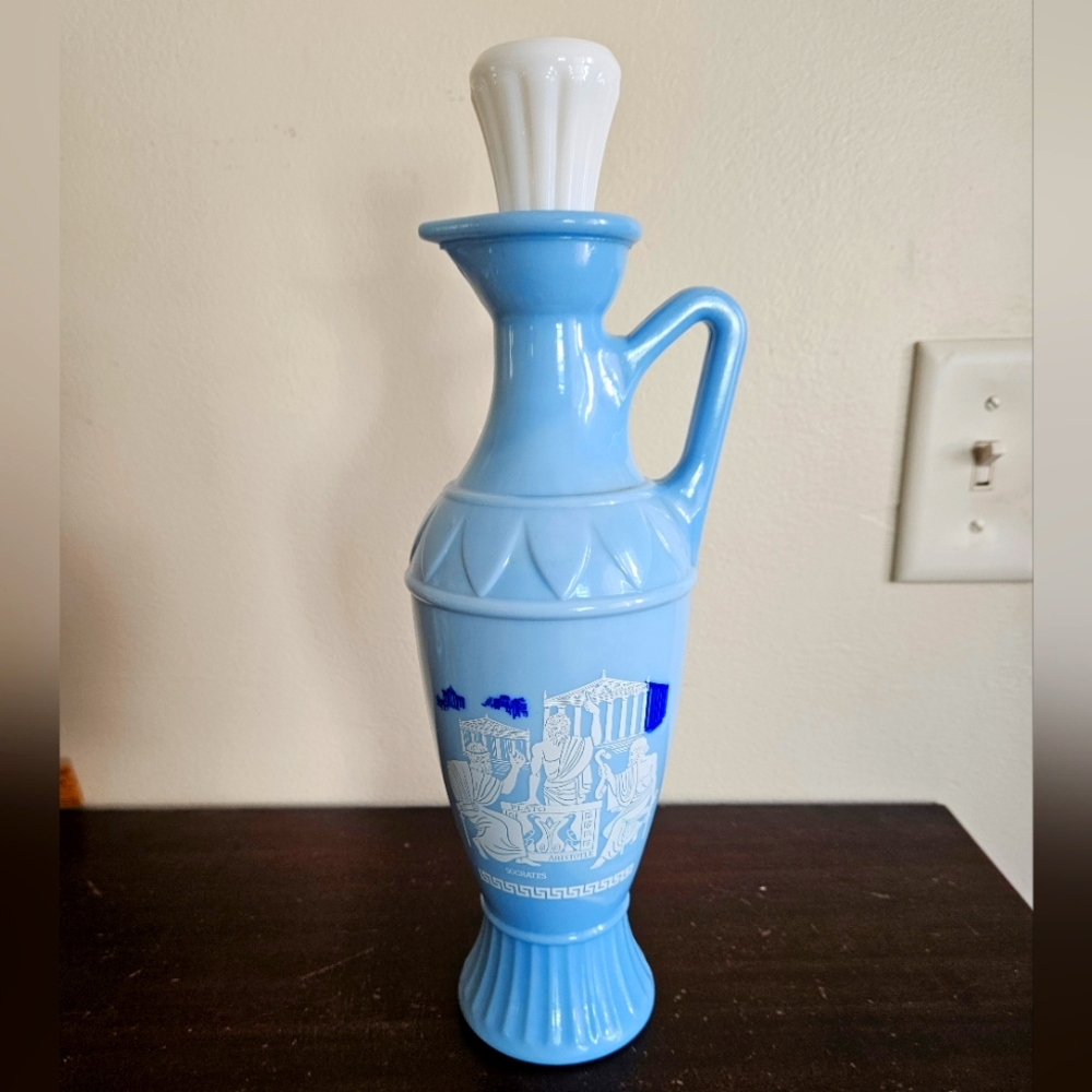 1961 Plato Socrates Aristotle Vintage Jim Beam Blue Milk Glass Decanter *empty*